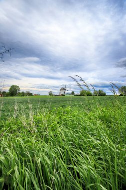 WROCLAW, POLAND - 24 Mayıs 2021: Polonya, Avrupa 'nın güneybatısındaki Sleza Dağı' nın eteğindeki Gogolow köyünün kıyısında 1830 yılından kalma Hollanda yel değirmeni.