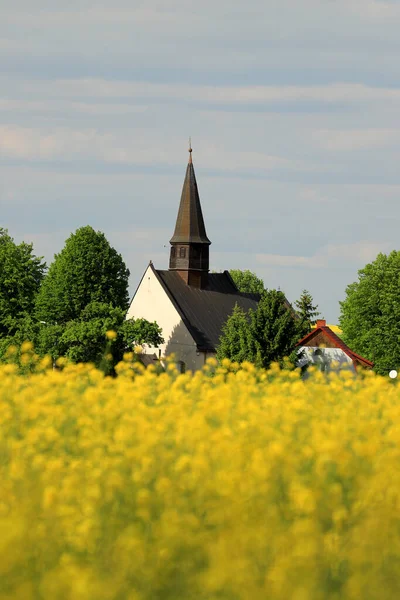 WROCLAW, POLAND - 24 Mayıs 2021: Gogolow 'daki St. Martin Kilisesi Sleza Dağı eteklerinde, çiçek açan tecavüz tarlalarıyla çevrili.
