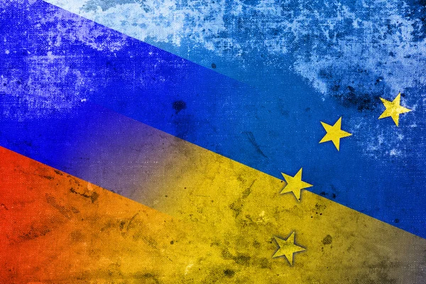 乌克兰、 欧盟和俄罗斯国旗与古董和旧的看 — 图库照片