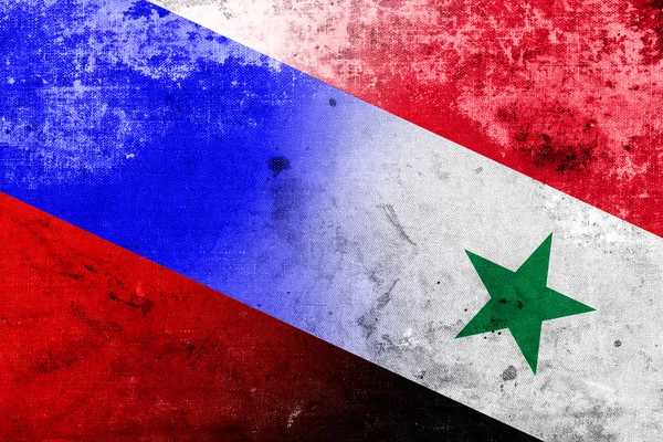 Rusko a Sýrie vlajky s veteránem a staré podívat — Stock fotografie