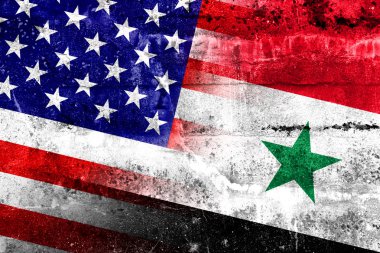 Grunge duvara boyalı ABD ve Suriye bayrağı