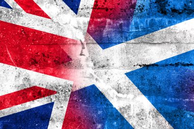 Scotland and United Kingdom Flag painted on grunge wall clipart