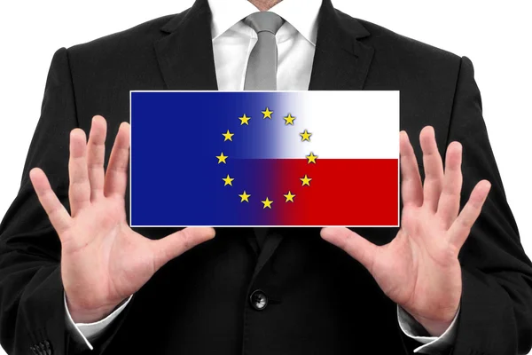 Biznesmen posiadania wizytówki z flagą Polski i Unii Europejskiej — Zdjęcie stockowe