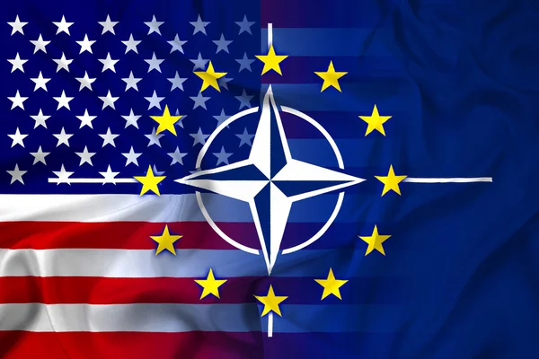 Macha flagą nato, UE i usa — Zdjęcie stockowe