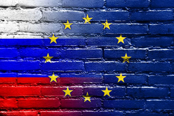 Флаг России Европейского Союза Раскрашен Кирпичной Стене — стоковое фото