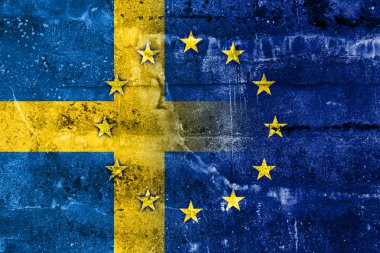 Grunge duvara boyalı İsveç ve Avrupa Birliği bayrağı