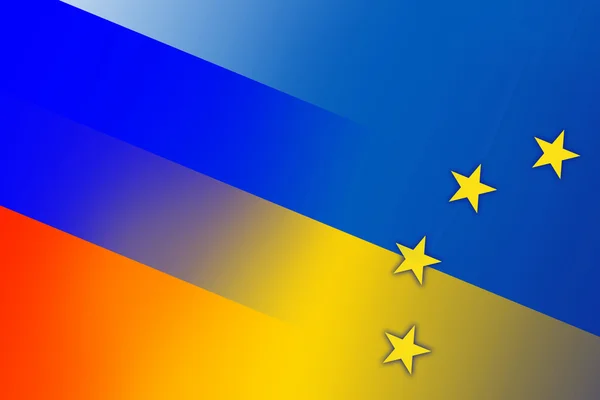 乌克兰、 欧盟和俄罗斯国旗。关闭. — 图库照片