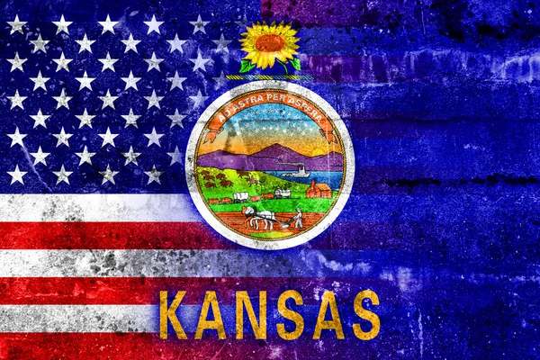 USA dan Kansas State Flag dicat di dinding grunge — Stok Foto