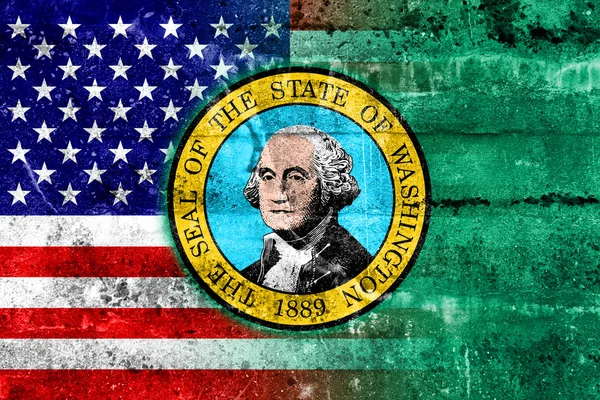 USA und Washington State Flagge auf Grunge-Wand gemalt — Stockfoto