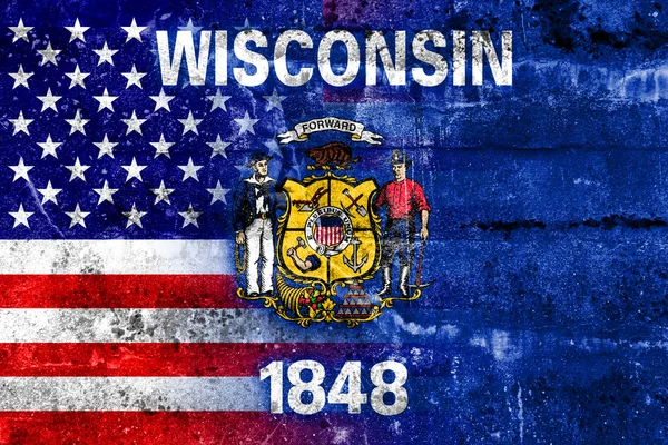 USA- und Wisconsin-Staatsflagge an Grunge-Wand gemalt — Stockfoto