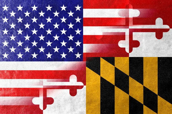 Bandera de Estados Unidos y Maryland pintada sobre textura de cuero —  Fotos de Stock