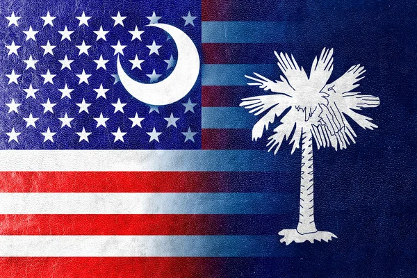 USA och South Carolina State flagga målade på läder texture — Stockfoto