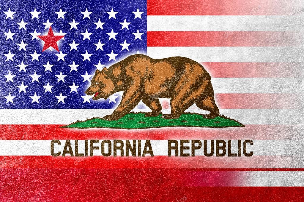 USA and California State Flag painted on leather texture