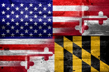 Boyalı eski ahşap tahta dokusu üzerinde ABD ve Maryland Devlet bayrağı
