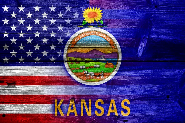 Bandera del Estado de Estados Unidos y Kansas pintada sobre una textura de madera vieja — Foto de Stock