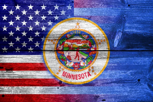 美国和明尼苏达州旗画上旧木板纹理 — 图库照片