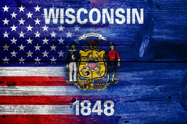 USA and Wisconsin State Flag painted on old wood plank texture — Stock Photo, Image