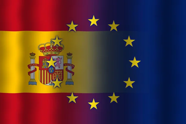 Viftar Spanien och Europeiska unionens flagga — Stockfoto