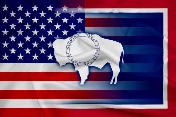 Agitant le drapeau des États-Unis et du Wyoming — Photo
