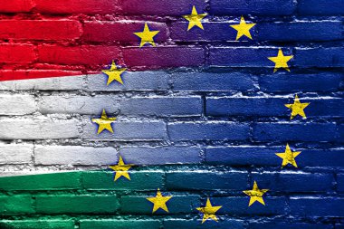 tuğla duvara boyalı Macaristan ve Avrupa Birliği bayrağı