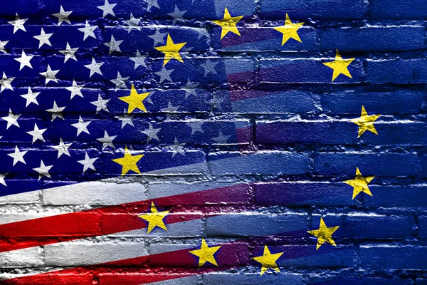 United States and European Union Flag painted on brick wall — Stock Photo, Image