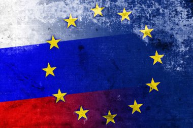 vintage ve eski bir görünüm ile Rusya ve Avrupa Birliği bayrağı