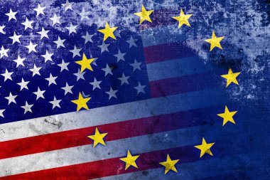 vintage ve eski bir görünüm ile Amerika Birleşik Devletleri ve Avrupa Birliği bayrağı