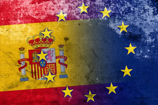 Spania og Den europeiske unions flagg med et gammelt og gammelt uttrykk – stockfoto