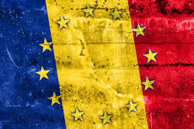 Grunge duvara boyalı Romanya ve Avrupa Birliği bayrağı