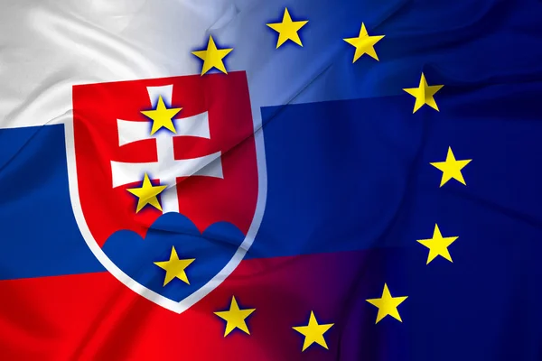 Wapperende vlag van Slowakije en de Europese Unie — Stockfoto
