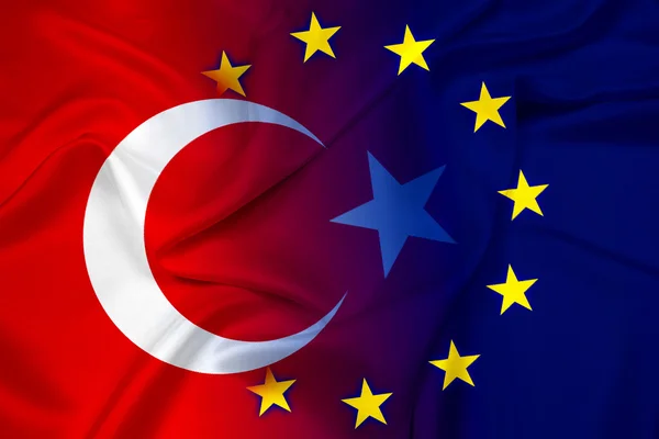 Wapperende vlag van Turkije en de Europese Unie — Stockfoto