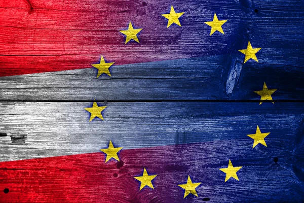 Austria and European Union Flag painted on old wood plank texture — Stock Photo, Image