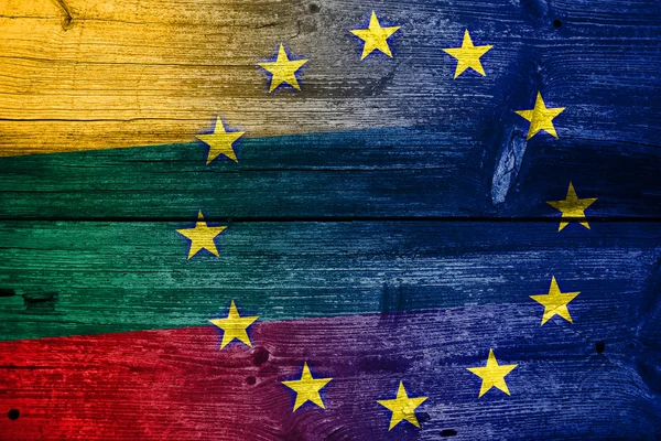 Lithuania and European Union Flag painted on old wood plank texture — Stock Photo, Image