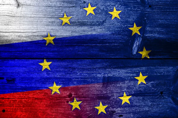 Russia European Union Flag Painted Old Wood Plank Texture — Stock Photo, Image
