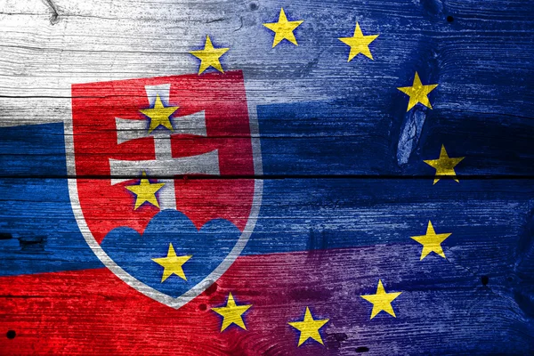 Slovakia and European Union Flag painted on old wood plank texture — Stock Photo, Image