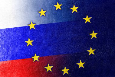 Rusya ve Avrupa Birliği bayrağı deri dokusu üzerinde boyalı