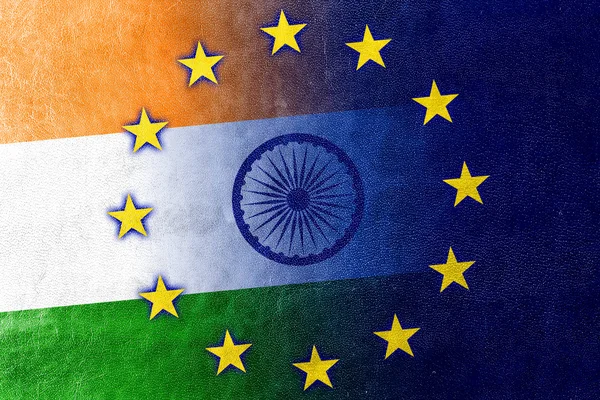 India and European Union Flag painted on leather texture — Stock Photo, Image