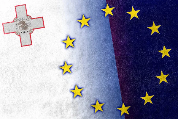몰타와 유럽 연합 깃발 가죽 텍스처에 그려진 — 스톡 사진