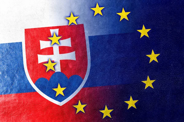 Slovakia and European Union Flag painted on leather texture — Stock Photo, Image
