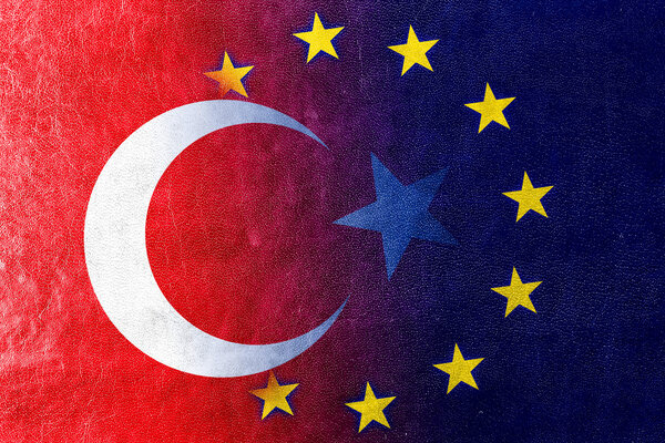 Turkey and European Union Flag painted on leather texture