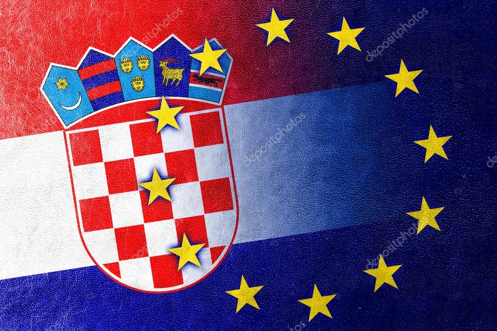 Croatia and European Union Flag painted on leather texture