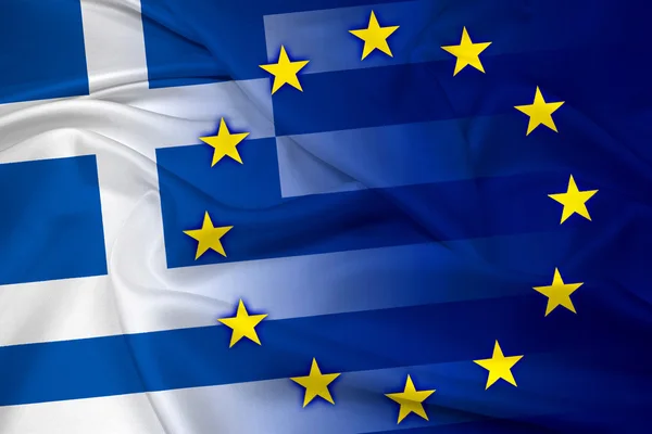Mávání vlajkou Řecka a Evropské unie — Stock fotografie