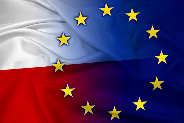 Wapperende vlag van Polen en de Europese Unie — Stockfoto