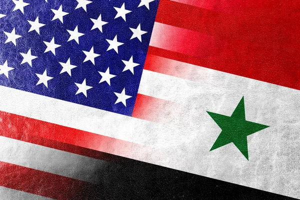 Vlajka USA a Sýrie na kožené textury — Stock fotografie