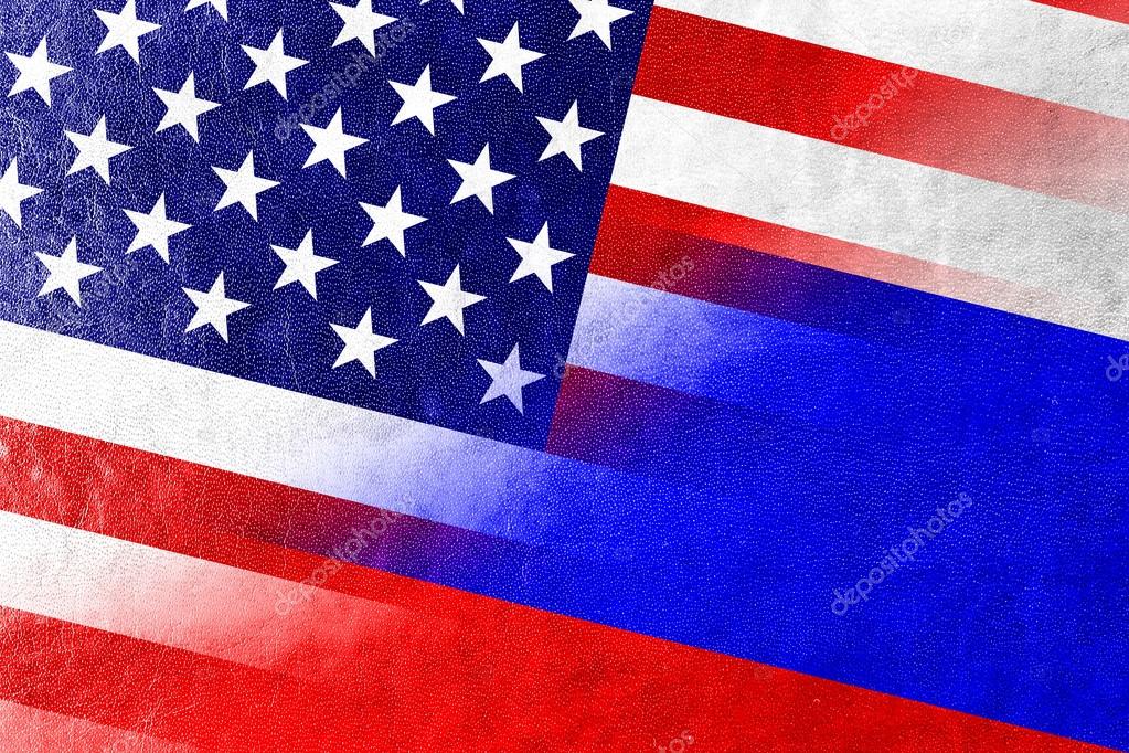 USA and Russia Flag painted on leather texture