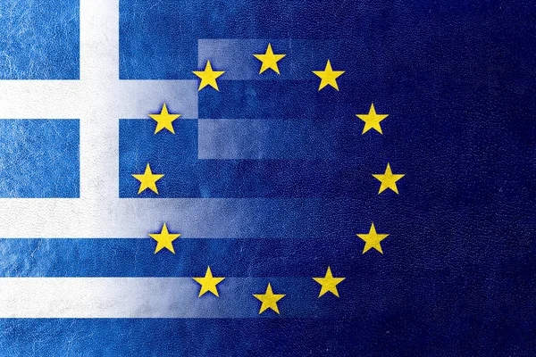Řecko a vlajka Evropské unie maloval na kožené textury — Stock fotografie