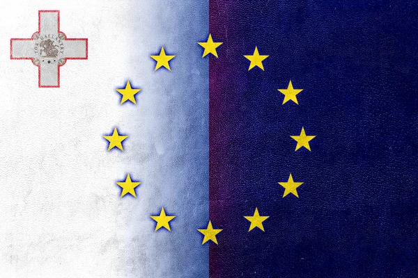 Malte et l'Union européenne Drapeau peint sur la texture du cuir — Photo