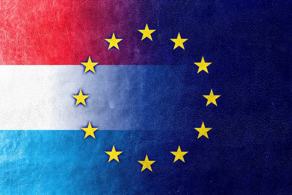 Luxembourg and European Union Flag painted on leather texture — Stock Photo, Image