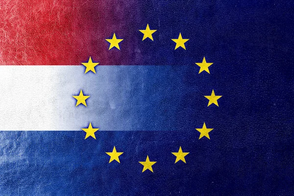 Bandera de los Países Bajos y de la Unión Europea pintada sobre piel — Foto de Stock