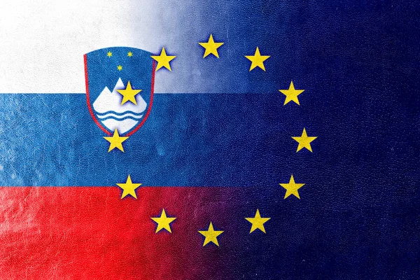 Slovenia and European Union Flag painted on leather texture — Stock Photo, Image